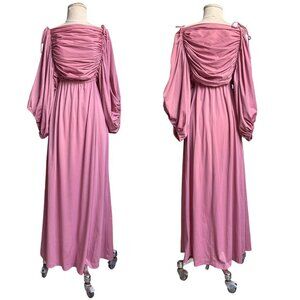 70s vintage balloon sleeve maxi dress ruching draped goddess Cindy by Leboff.